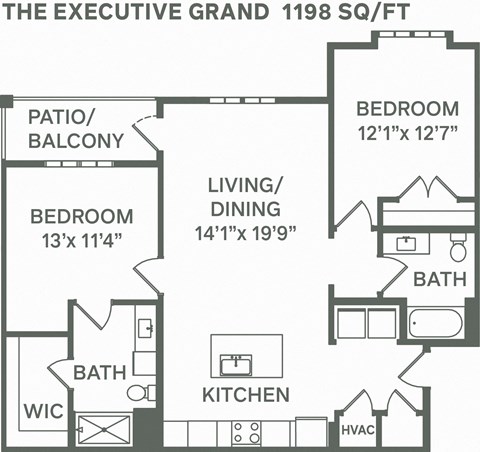 Floor plan for 2 beds, 2 baths, 1198 sqft